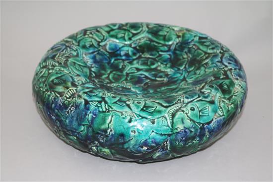 Kate Malone. A green and blue glazed fish moulded bowl, diameter 32.5cm